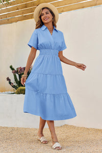 Wenrine Womens Sky Blue Smocked Loose Flowy Shirt Dress
