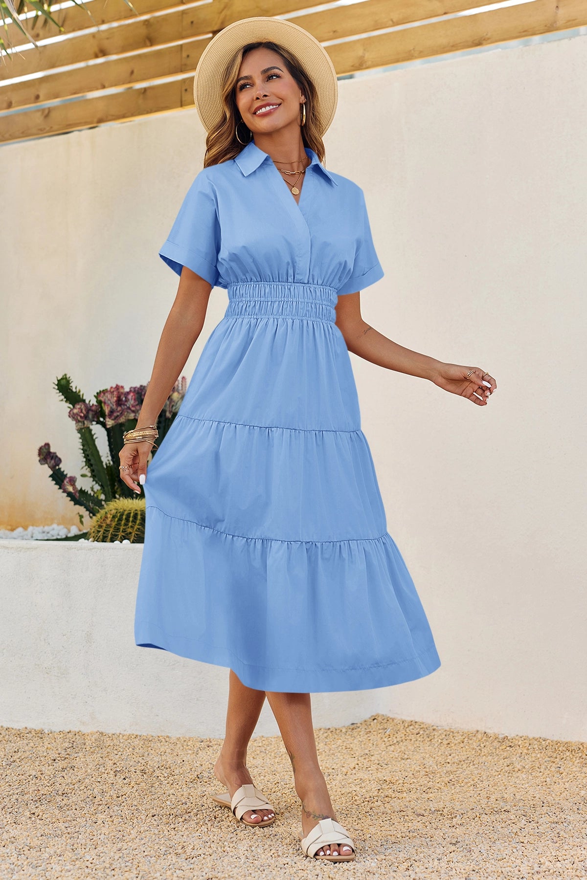 Wenrine Womens Sky Blue Smocked Loose Flowy Shirt Dress