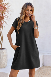 Wenrine Womens Black Flowy Mini T Shirt Dress