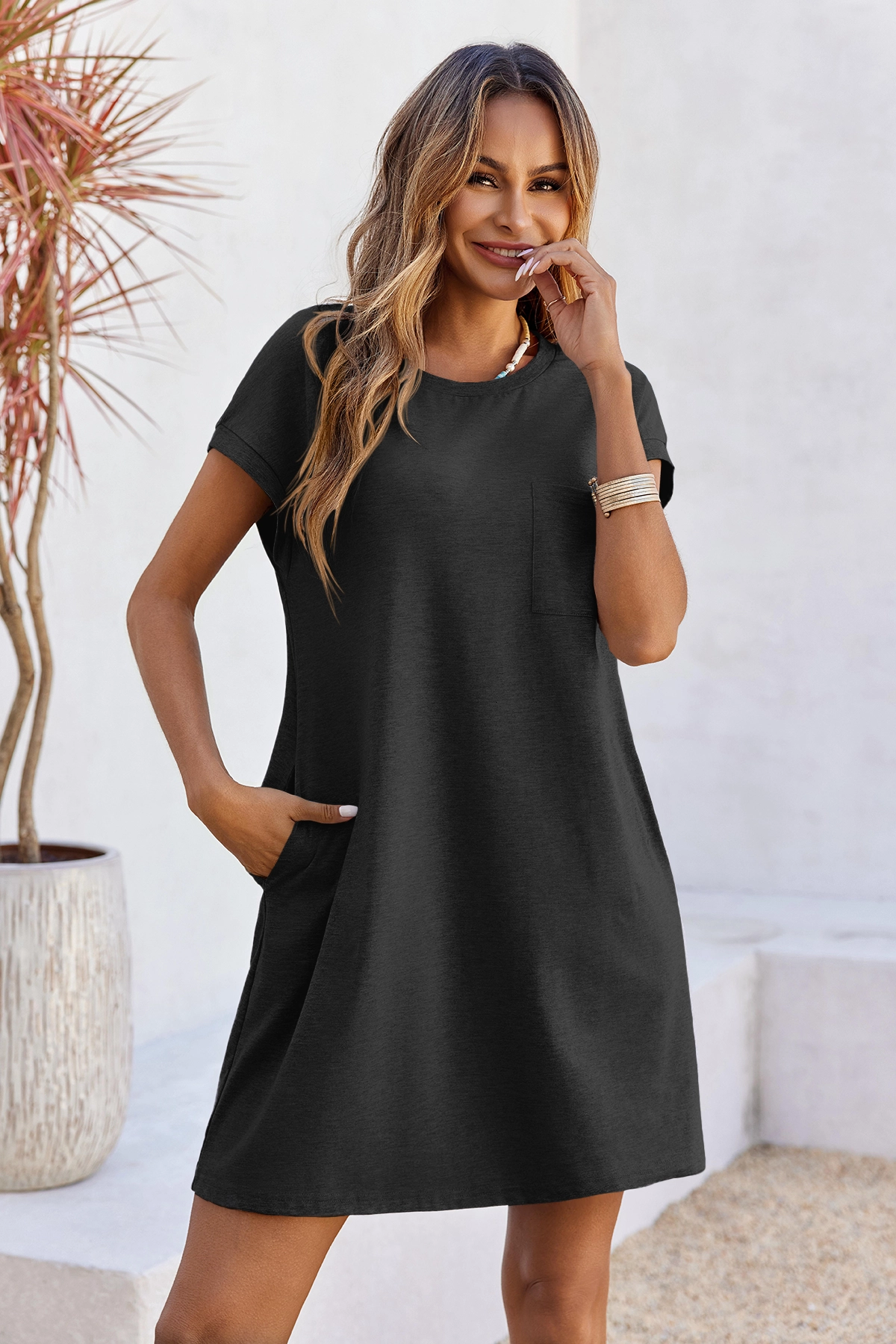 Wenrine Womens Black Flowy Mini T Shirt Dress