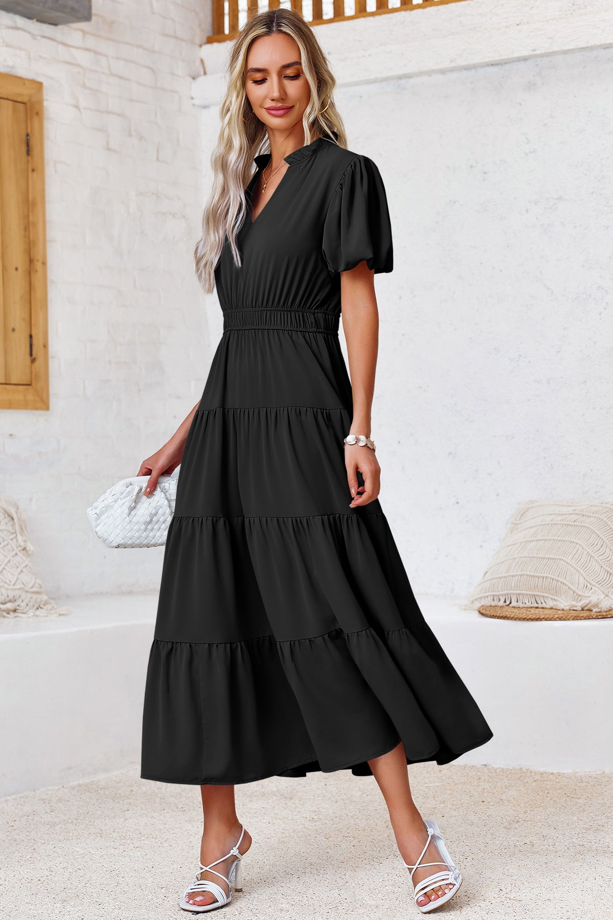 Wenrine Womens Black Flowy Tiered  Midi Dress