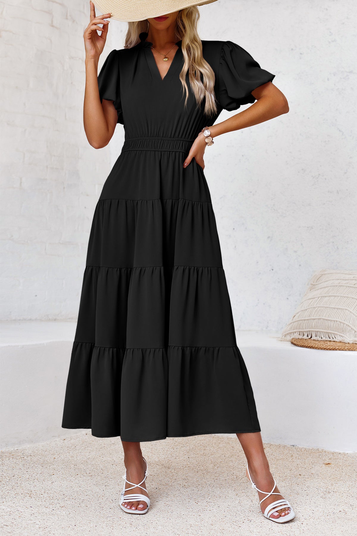 Wenrine Womens Black Flowy Tiered  Midi Dress