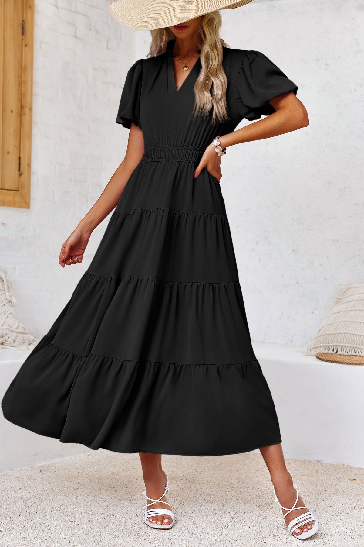 Wenrine Womens Black Flowy Tiered  Midi Dress