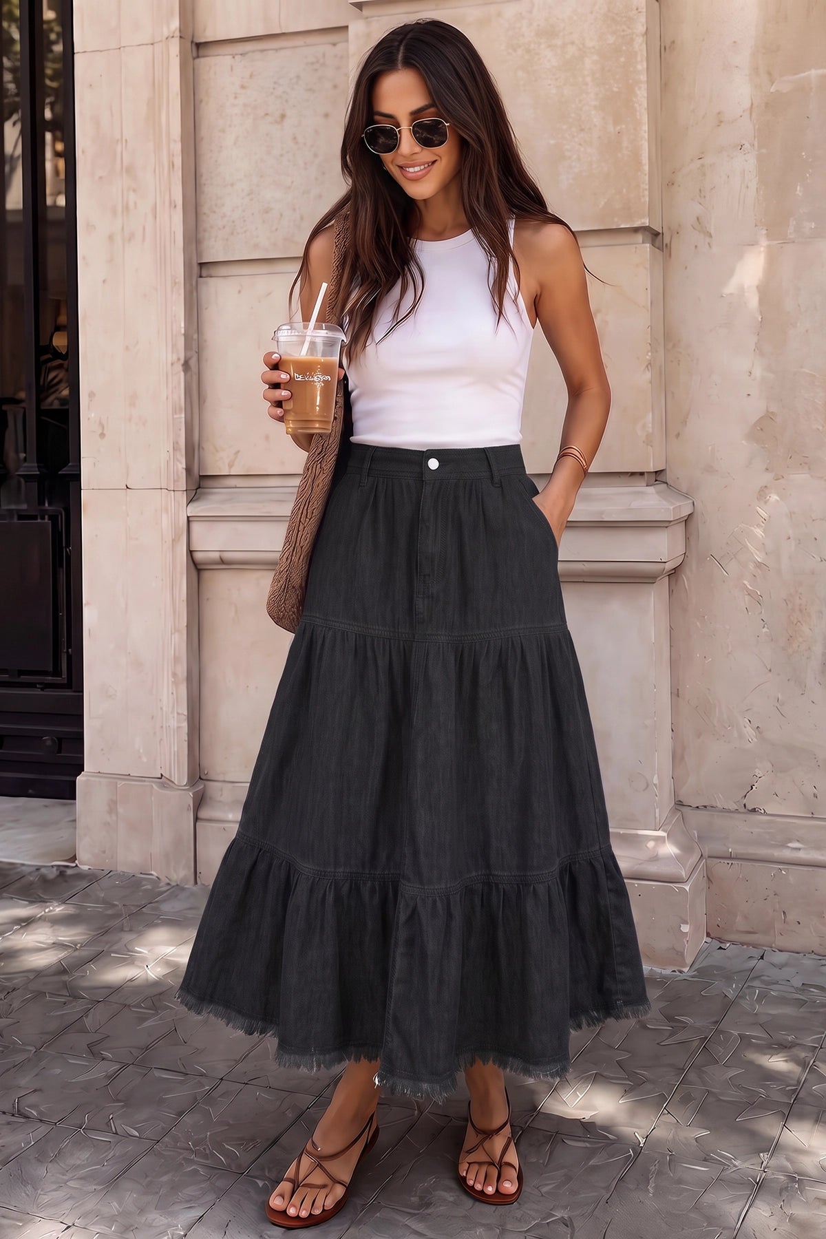 Wenrine Womens Black Long Denim Skirt