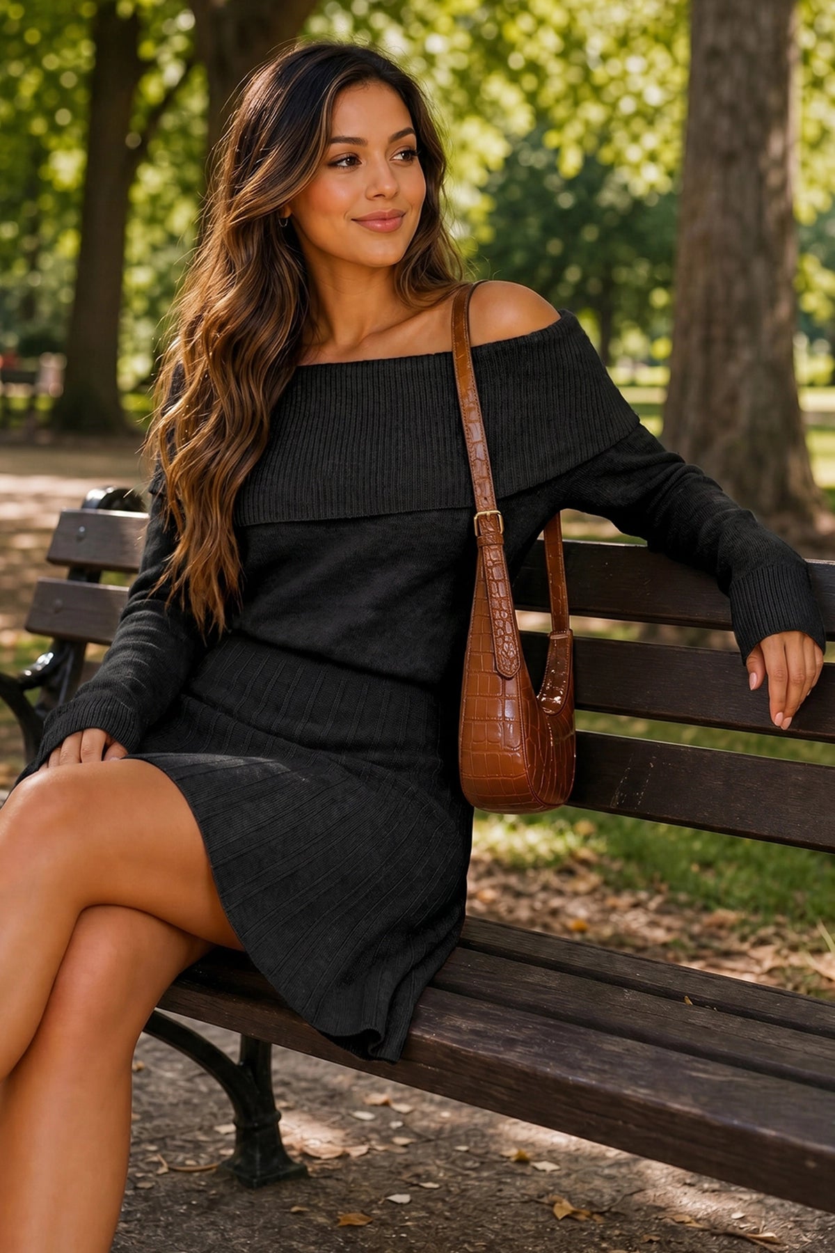 Wenrine Womens Black Off The Shoulder Sweater Dresses