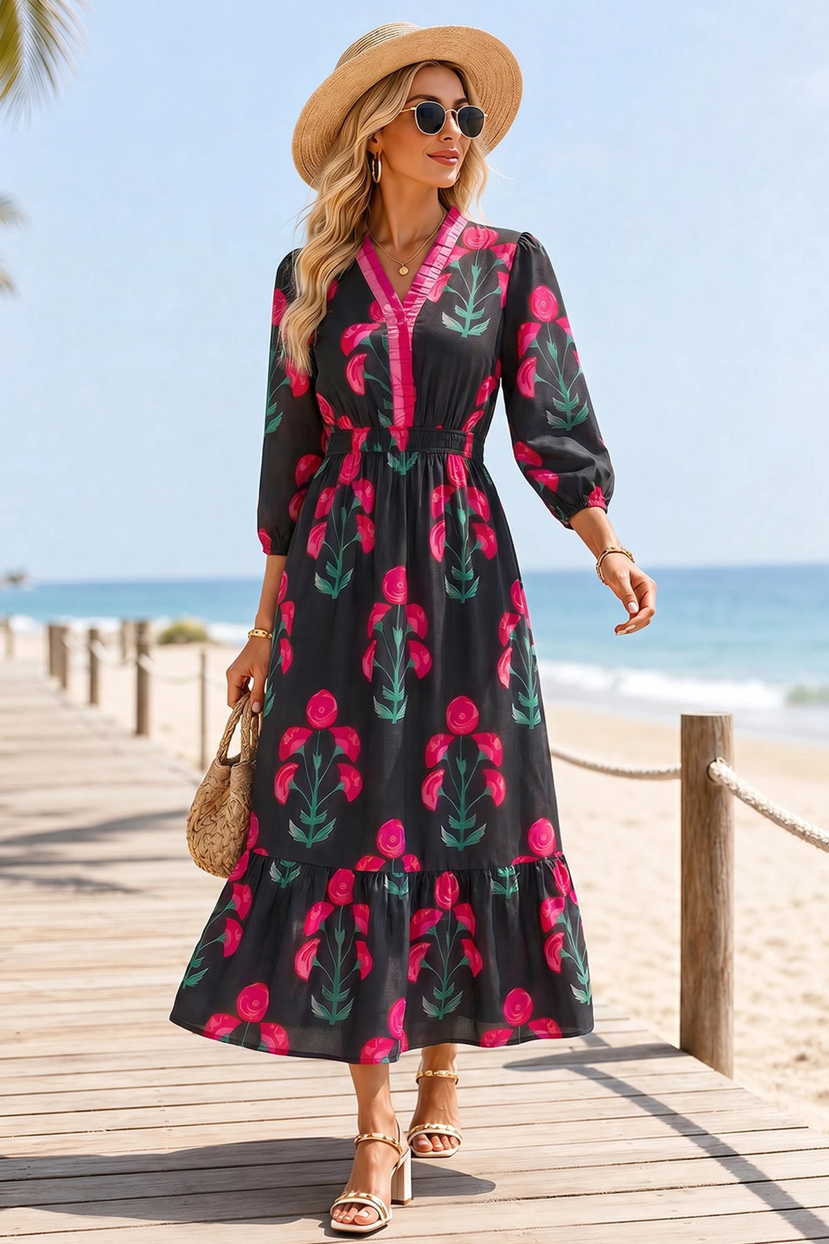 Wenrine Womens Black Boho Floral Flowy Dresses