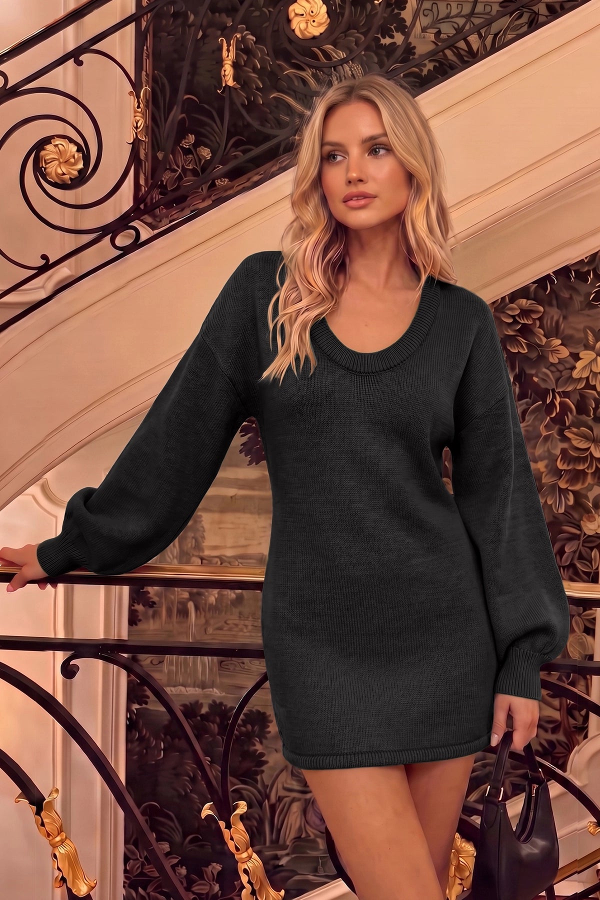 Wenrine Womens Black Long Sleeve Sweater Dress