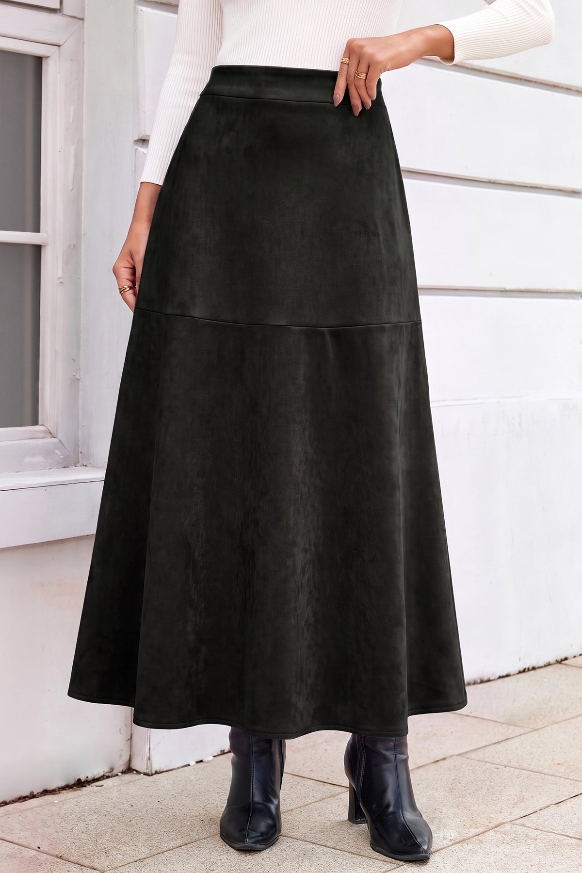 Wenrine Womens Black Faux Suede Maxi Skirt