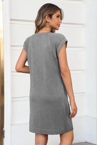 Wenrine Womens Dark Grey Cap Sleeve Crewneck T-Shirt Dress