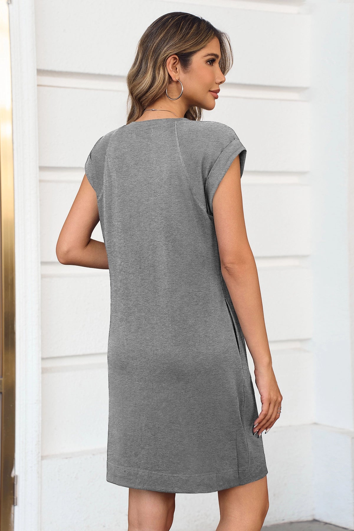 Wenrine Womens Dark Grey Cap Sleeve Crewneck T-Shirt Dress