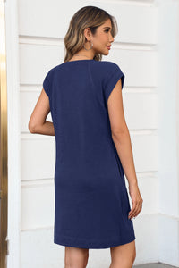 Wenrine Womens Navy Cap Sleeve Crewneck T-Shirt Dress