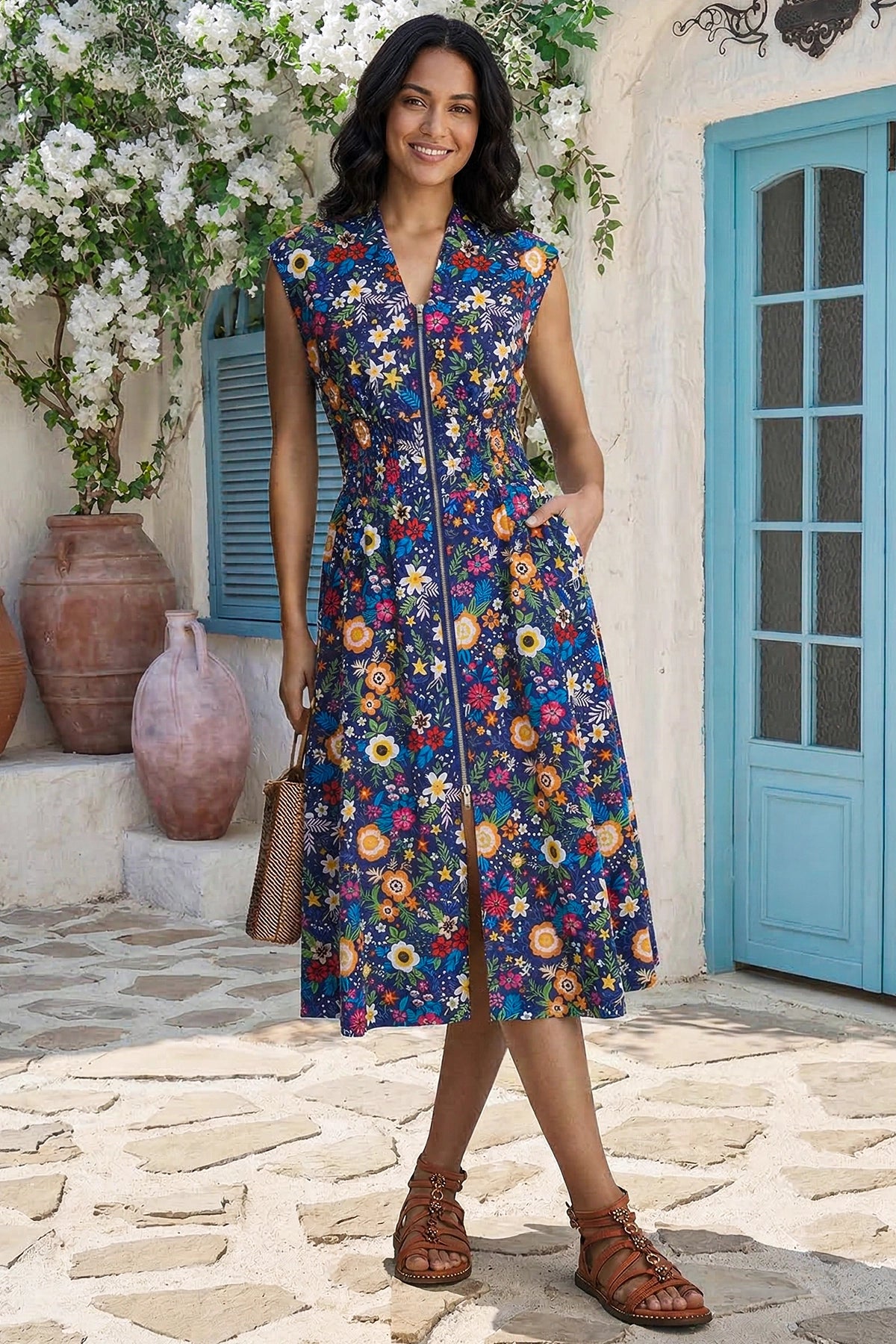 Wenrine Womens Navy Floral Zipper V Neck Midi Dress