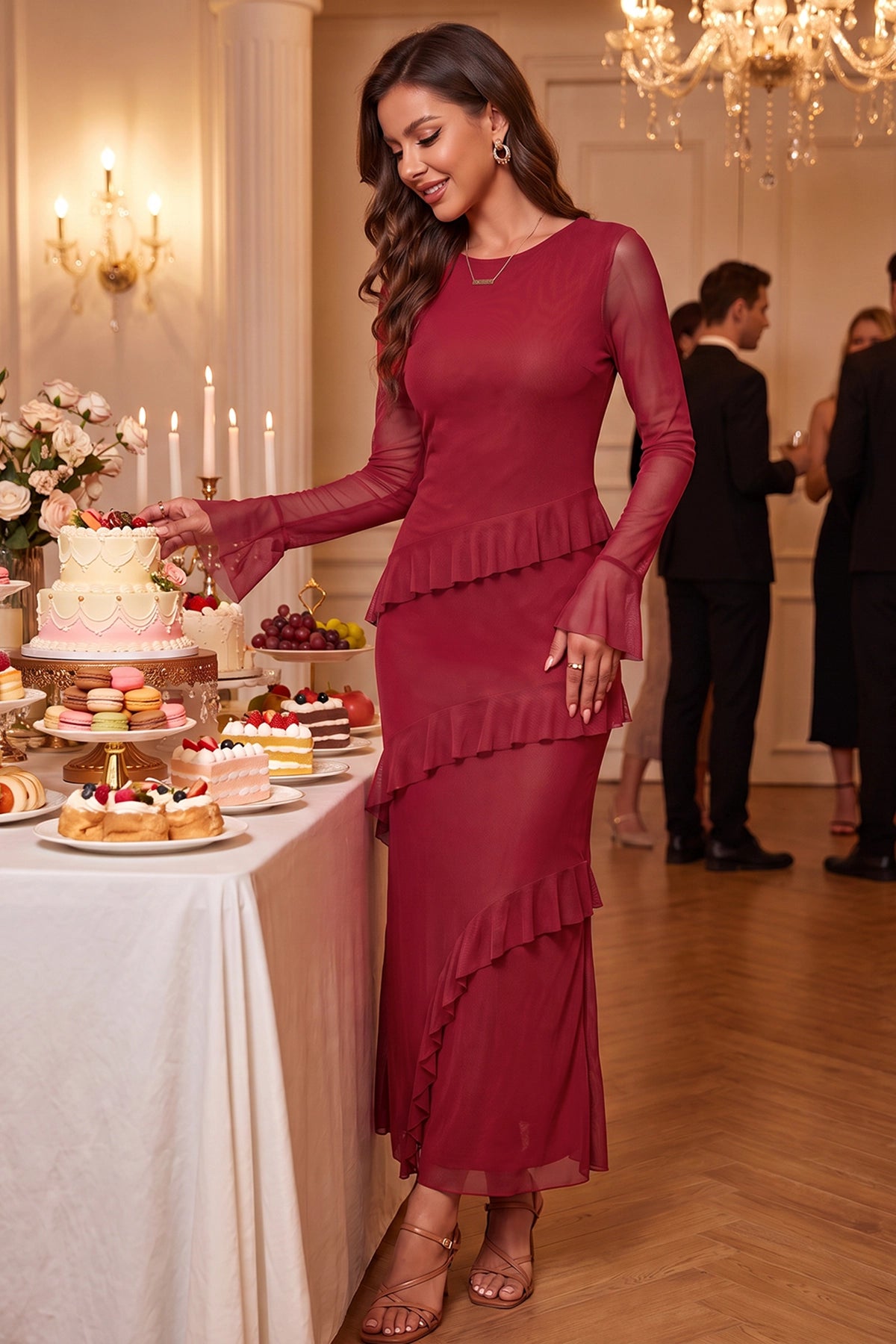 Wenrine Womens Burgundy Ruffle Maxi Dress