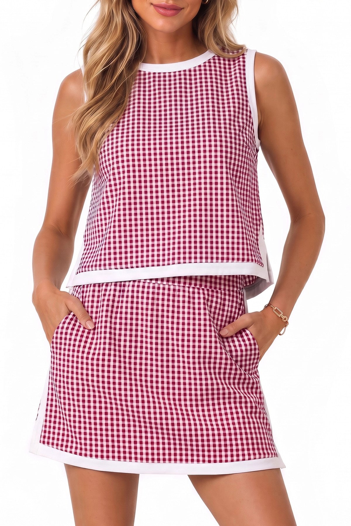 Wenrine Womens Burgundy Gingham Tank Skirt Set