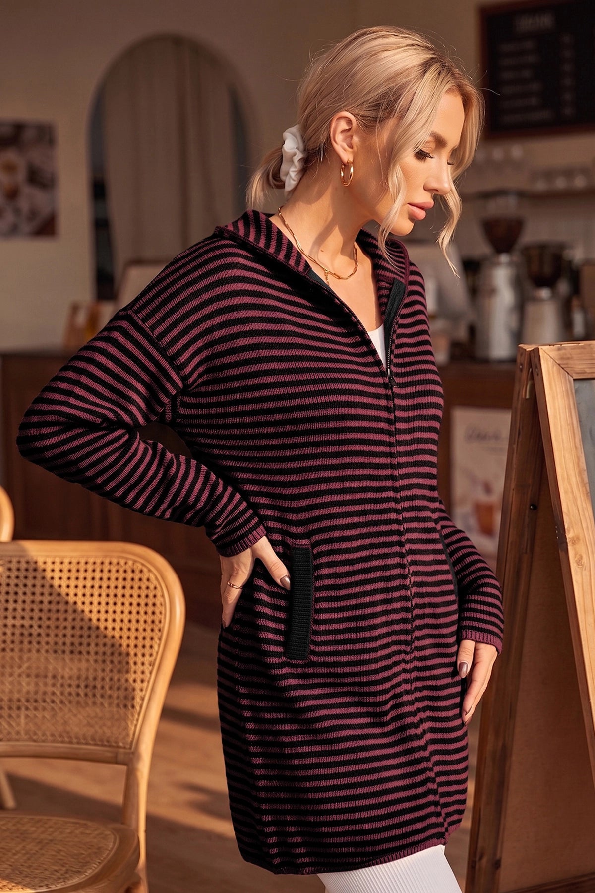 Wenrine Womens Burgundy Striped Sweater Dress