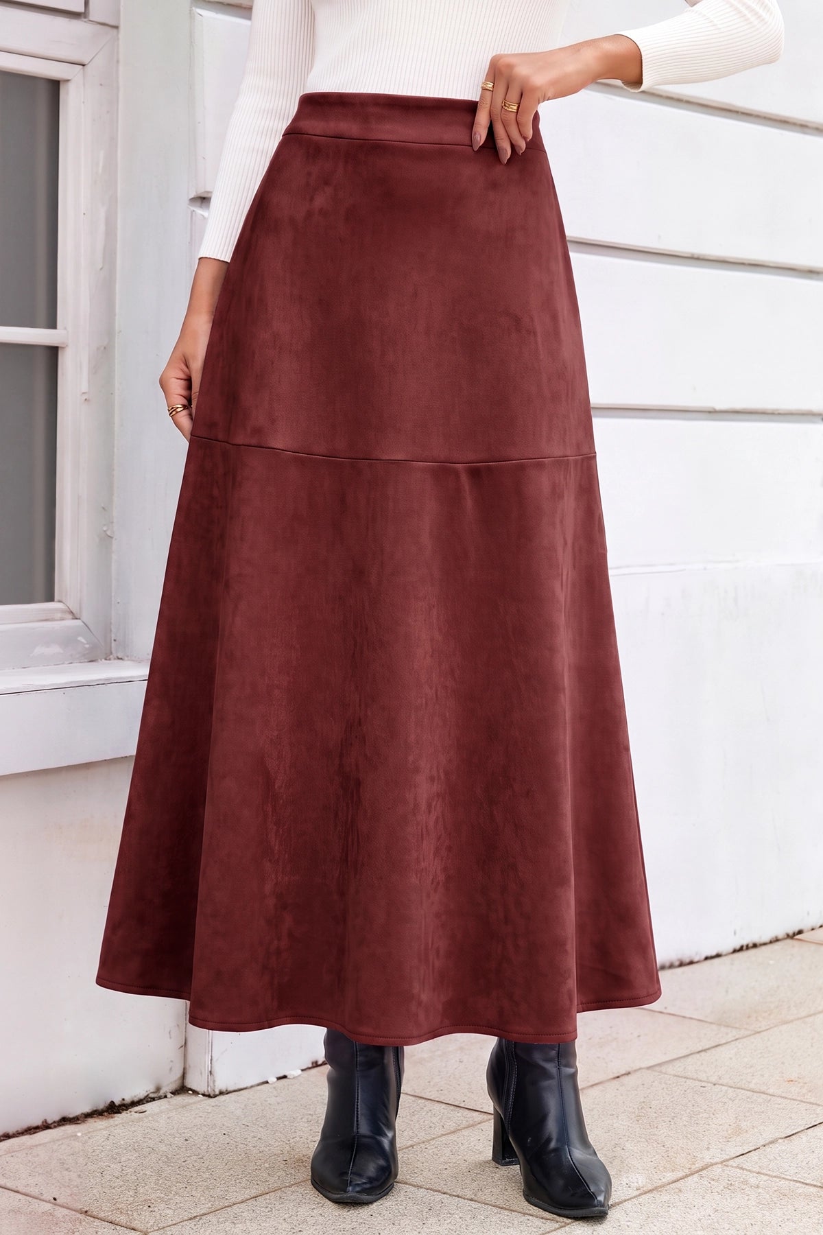Wenrine Womens Burgundy Faux Suede Maxi Skirt