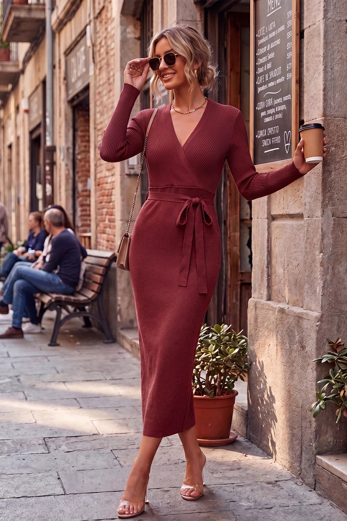 Wenrine Womens Burgundy Sweater Midi Dress