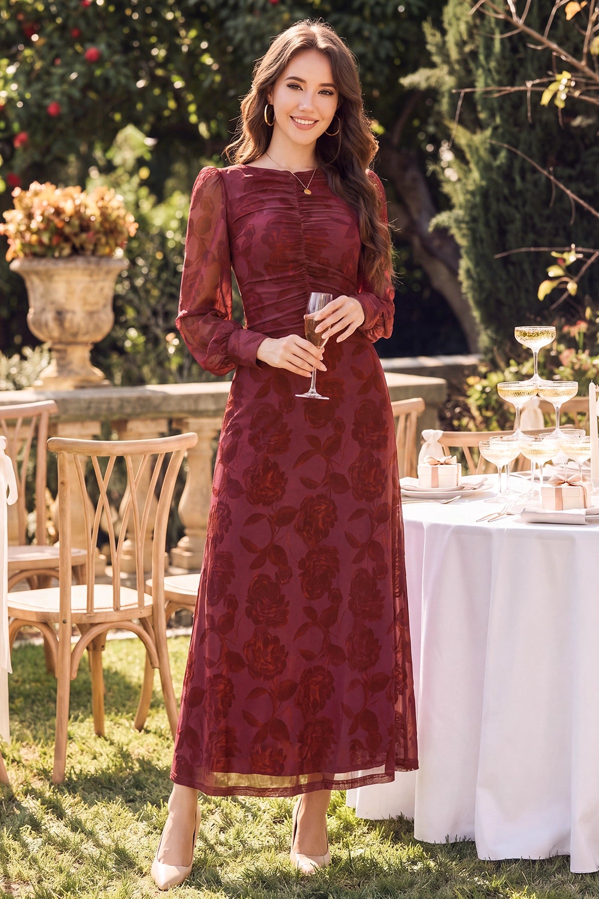 Wenrine Womens Burgundy Jacquard Ruched Dresses