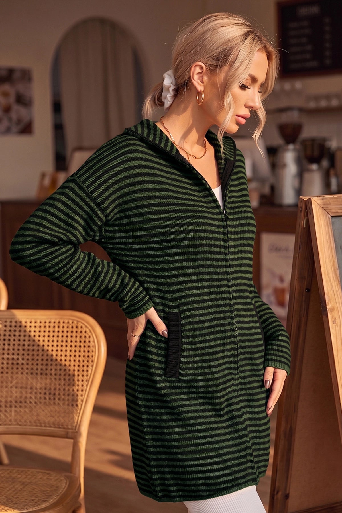 Wenrine Womens Army Green Striped Sweater Dress