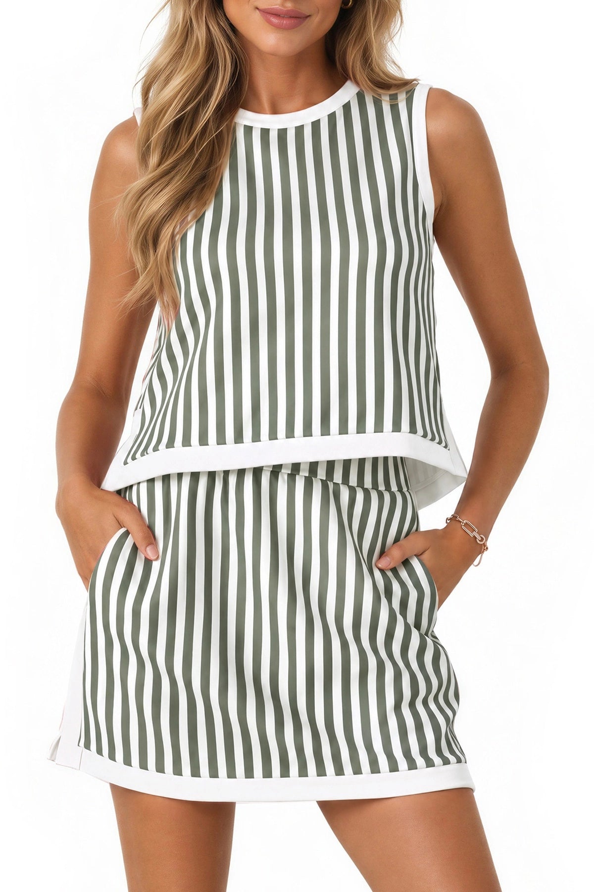 Wenrine Womens Army Green Gingham Tank Skirt Set