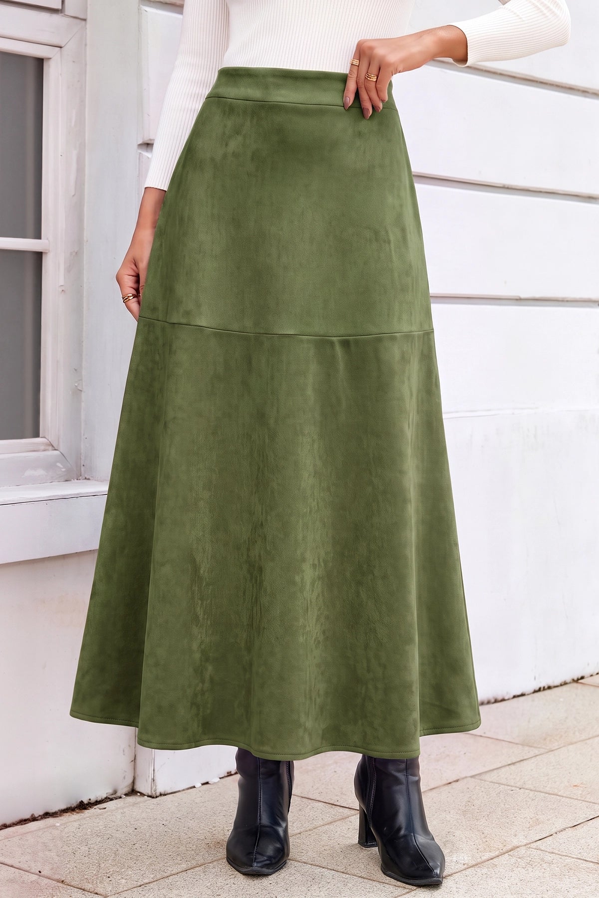 Wenrine Womens Army Green Faux Suede Maxi Skirt