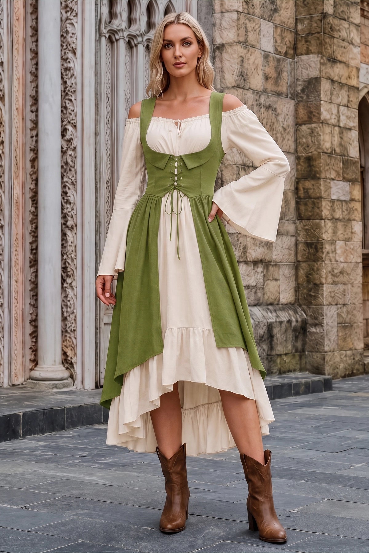 Wenrine Womens Army Green 2-Piece Renaissance Dress