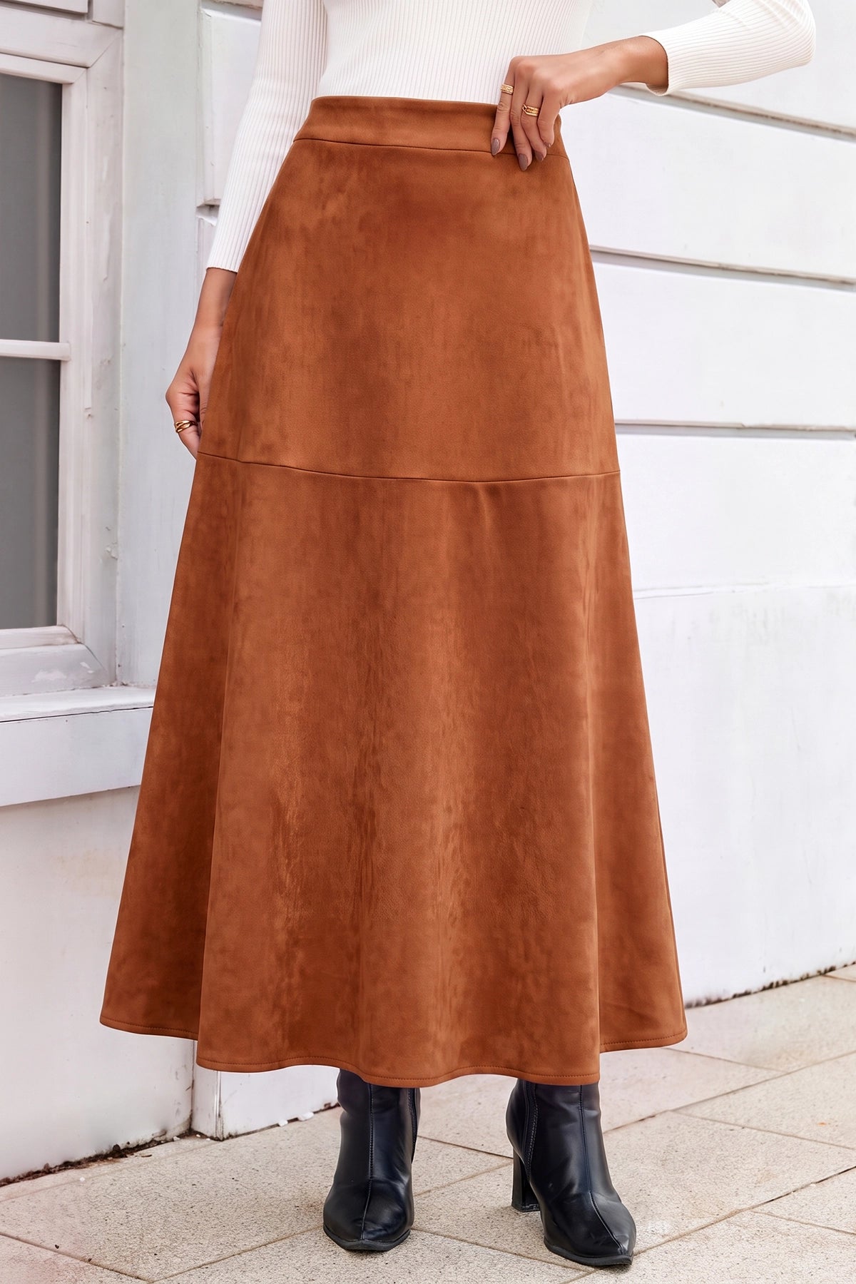 Wenrine Womens Caramel Faux Suede Maxi Skirt