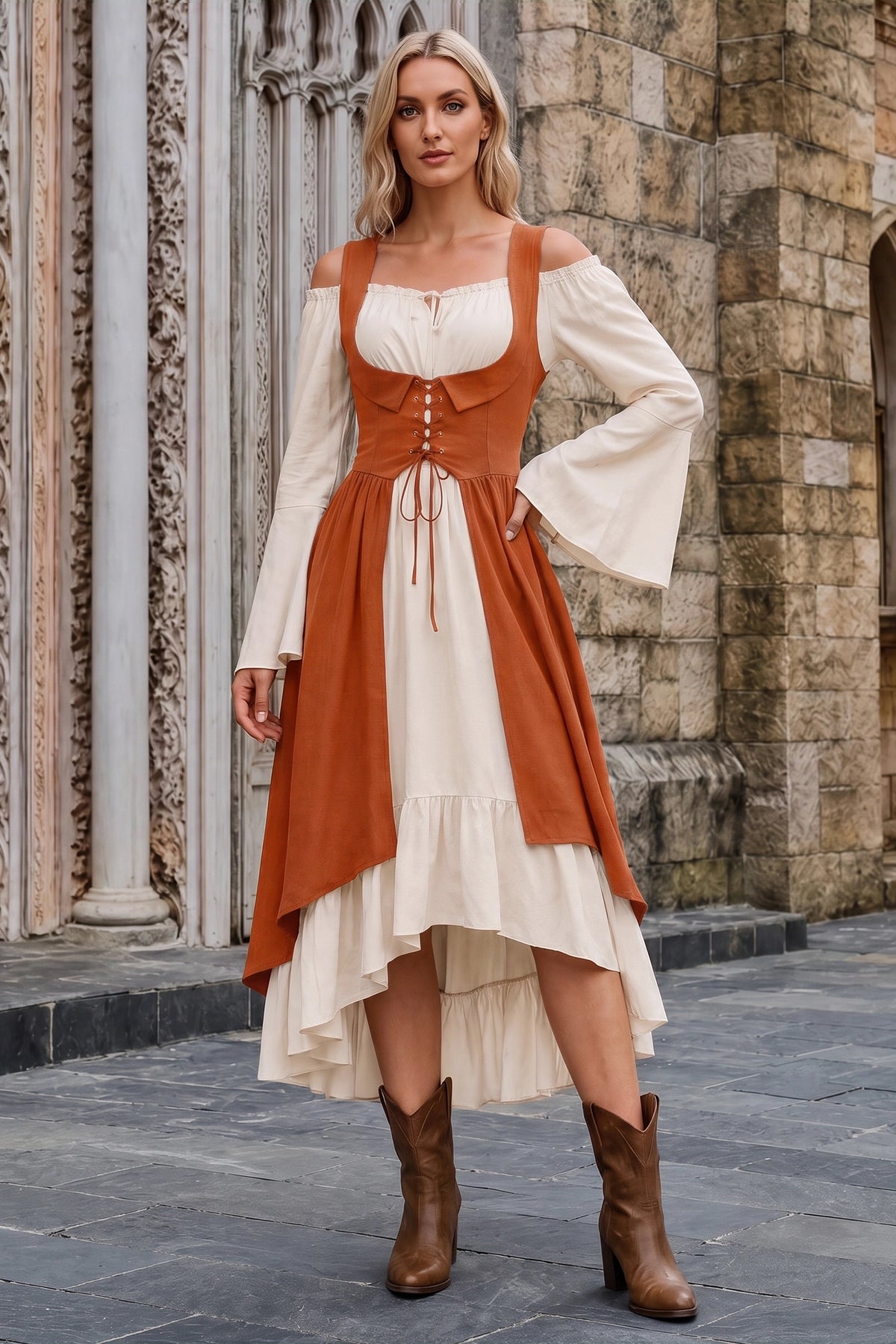 Wenrine Womens Caramel 2-Piece Renaissance Dress