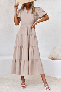 Wenrine Womens Khaki Flowy Tiered  Midi Dress