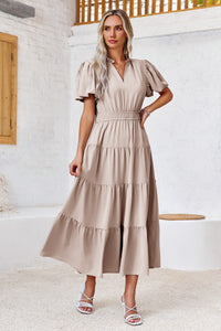 Wenrine Womens Khaki Flowy Tiered  Midi Dress