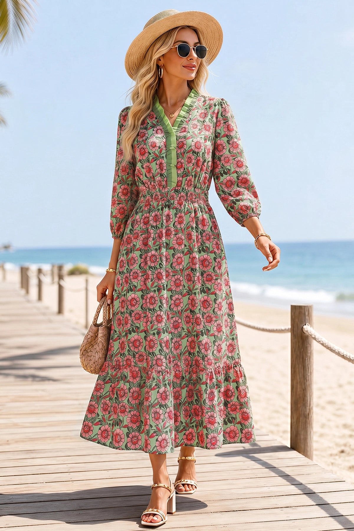 Wenrine Womens Green Boho Floral Flowy Dresses