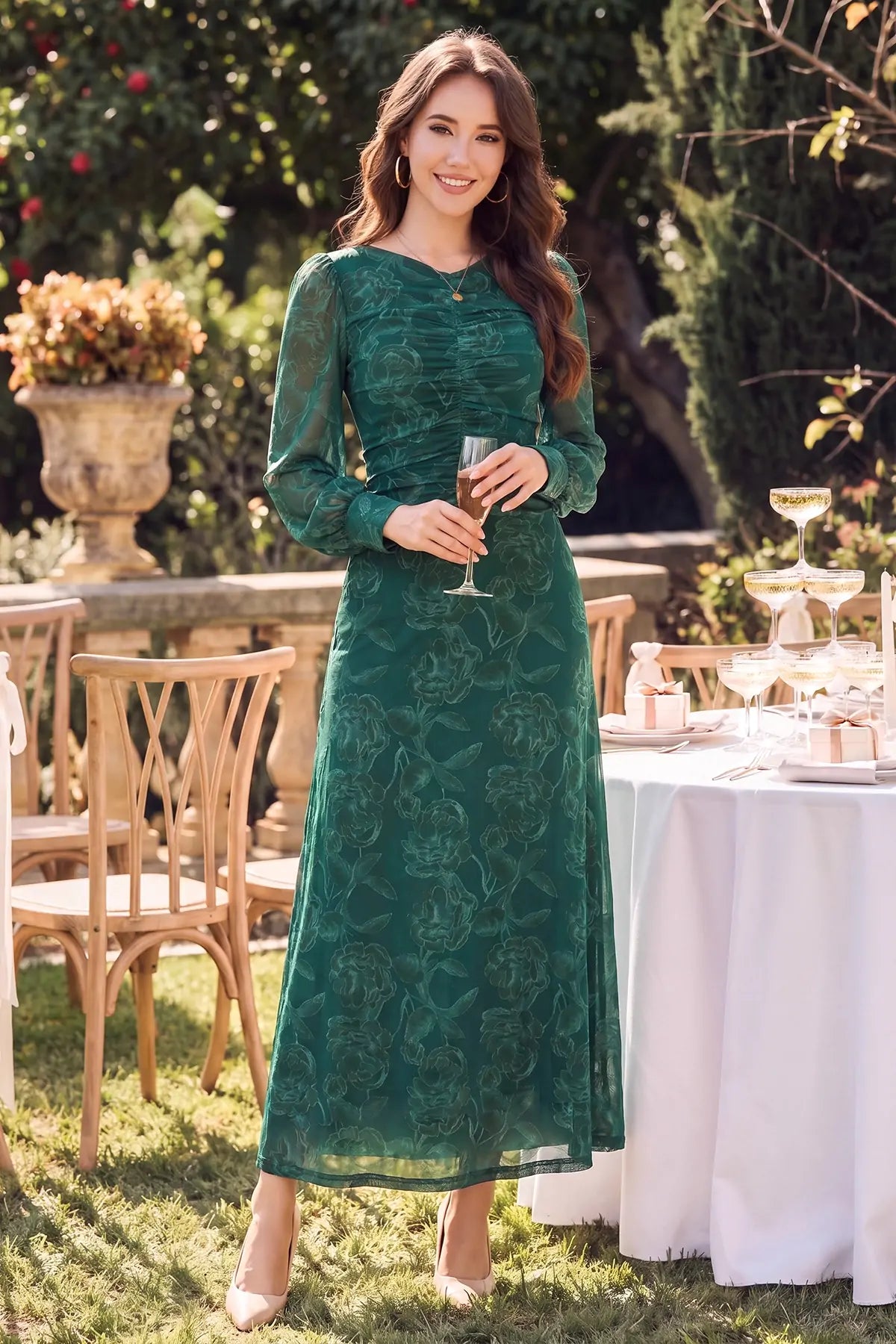 Wenrine Womens Green Jacquard Ruched Dresses