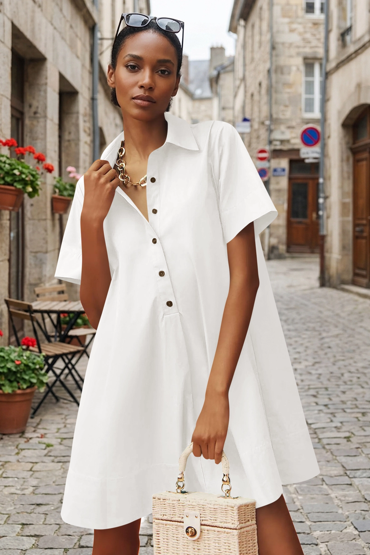 Wenrine Womens White Oversized Button Up Collared Mini Dress