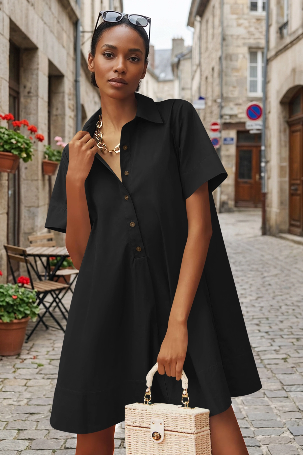 Wenrine Womens Black Oversized Button Up Collared Mini Dress