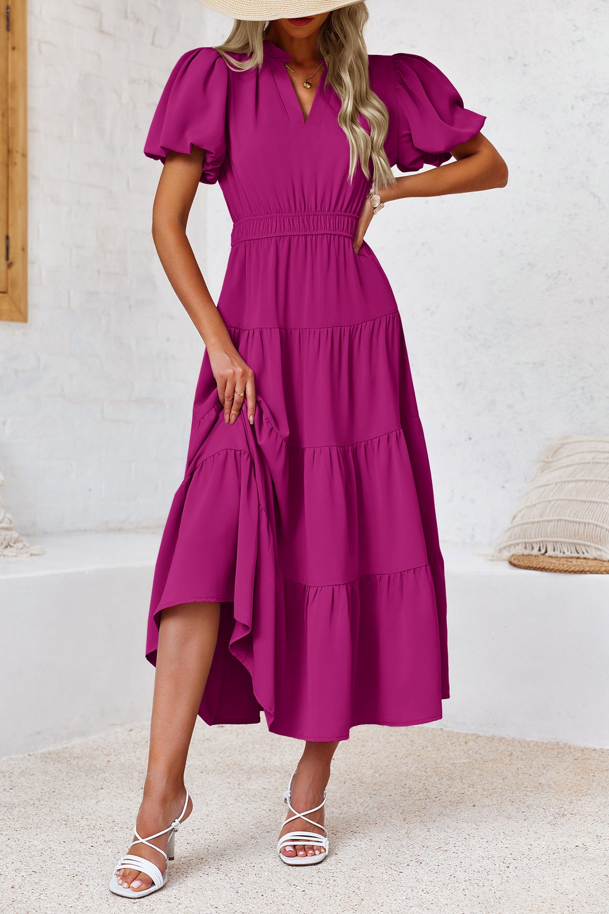 Wenrine Womens Rose Red Flowy Tiered  Midi Dress