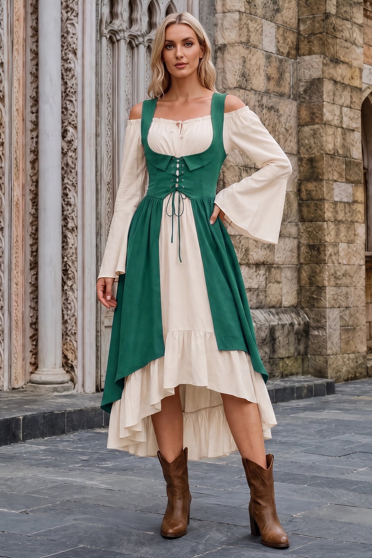 Wenrine Womens Dark Green 2-Piece Renaissance Dress