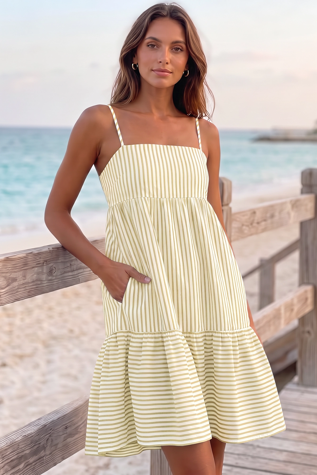 Wenrine Womens Beige Summer Striped Mini Dress