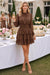 Wenrine Womens Brown Long Sleeve Lace Mini Dress