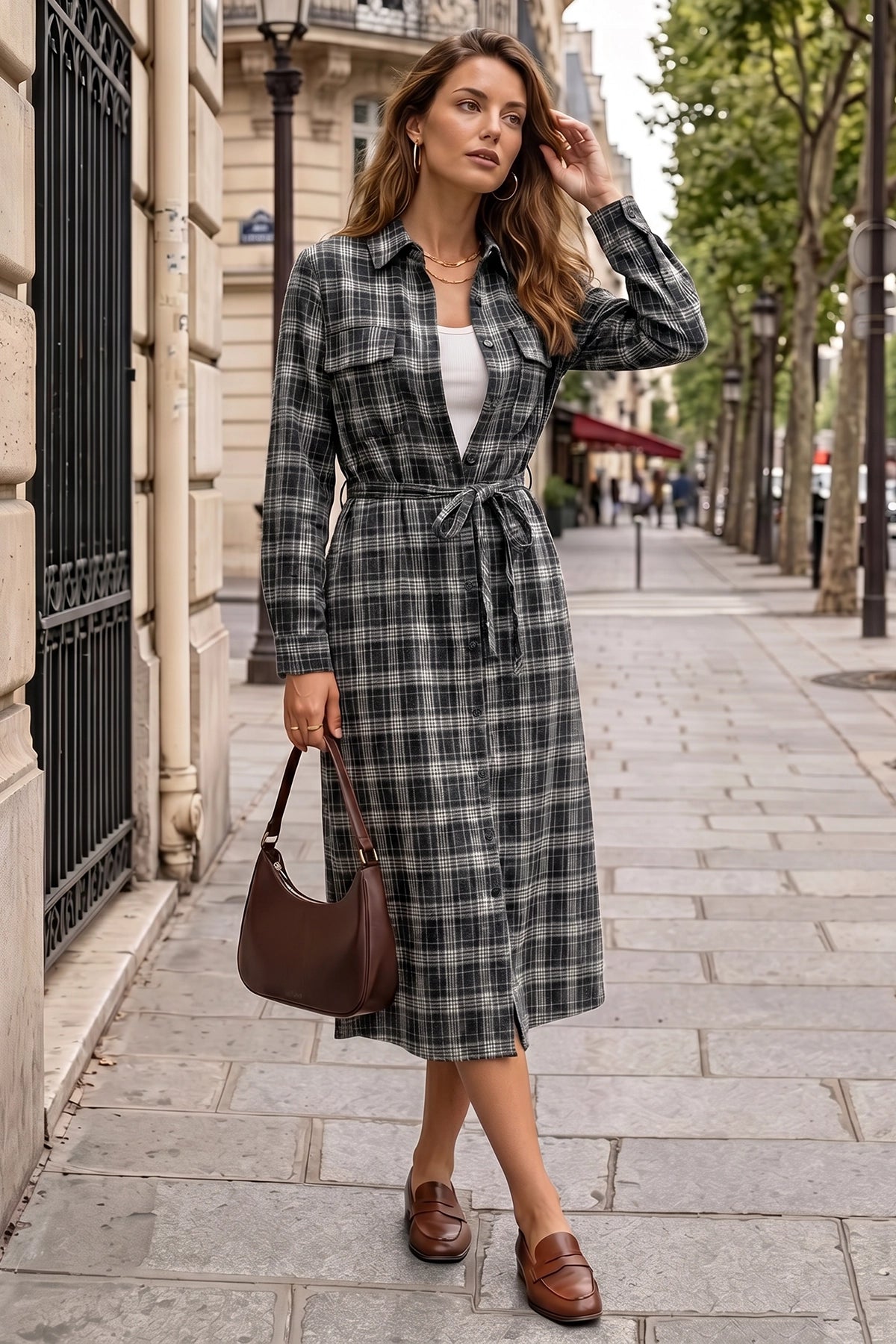 Wenrine Womens Black Flannel Plaid Shirt Dress