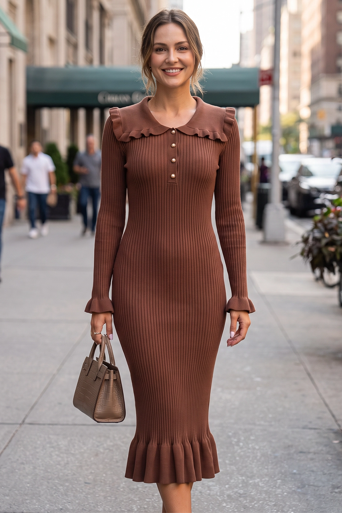 Wenrine Womens Coffee Ruffle Sweater Midi Dresses