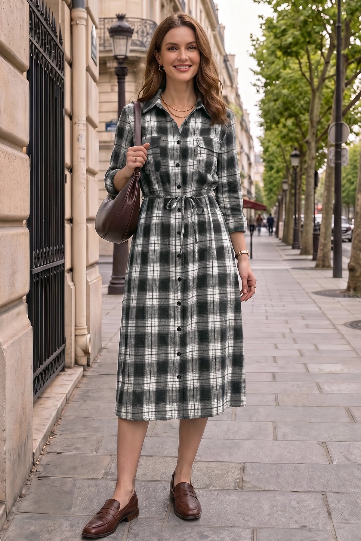 Wenrine Womens Black&White Flannel Plaid Shirt Dress