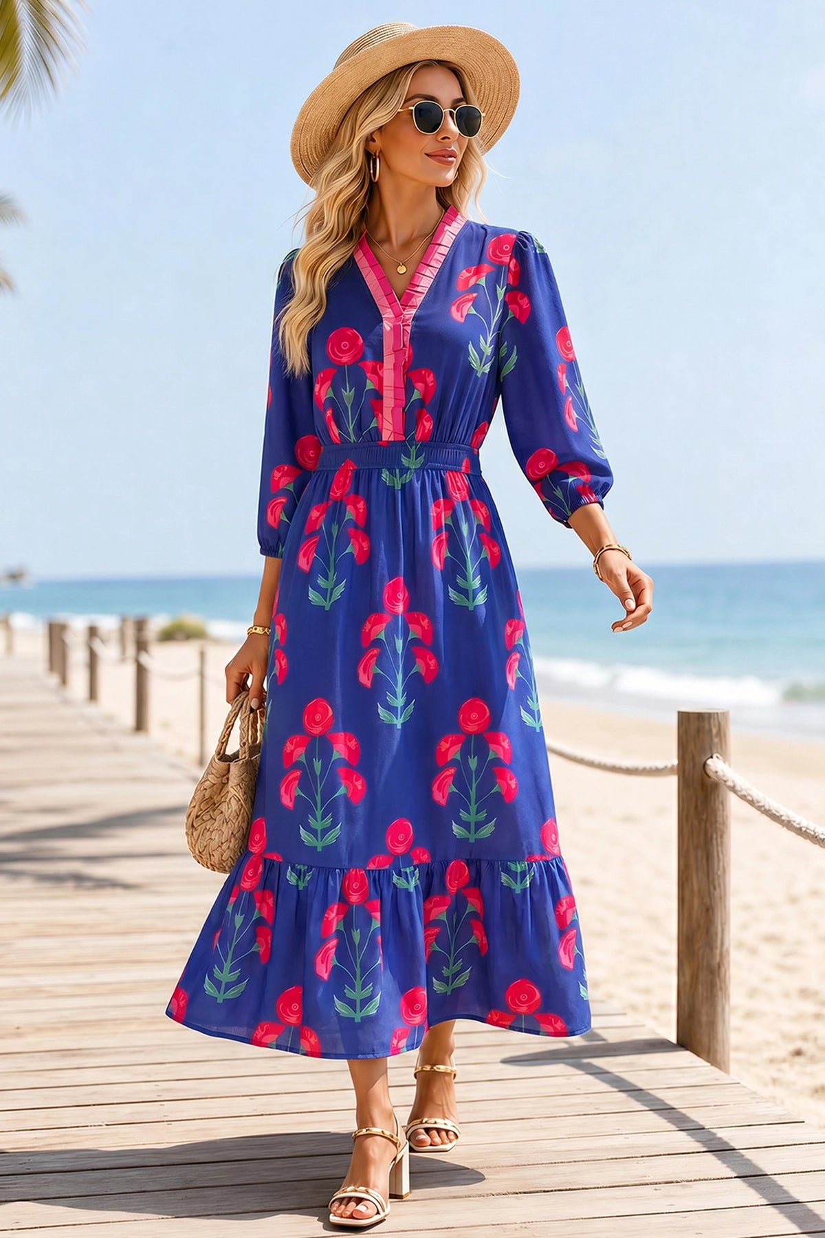 Wenrine Womens Navy Boho Floral Flowy Dresses