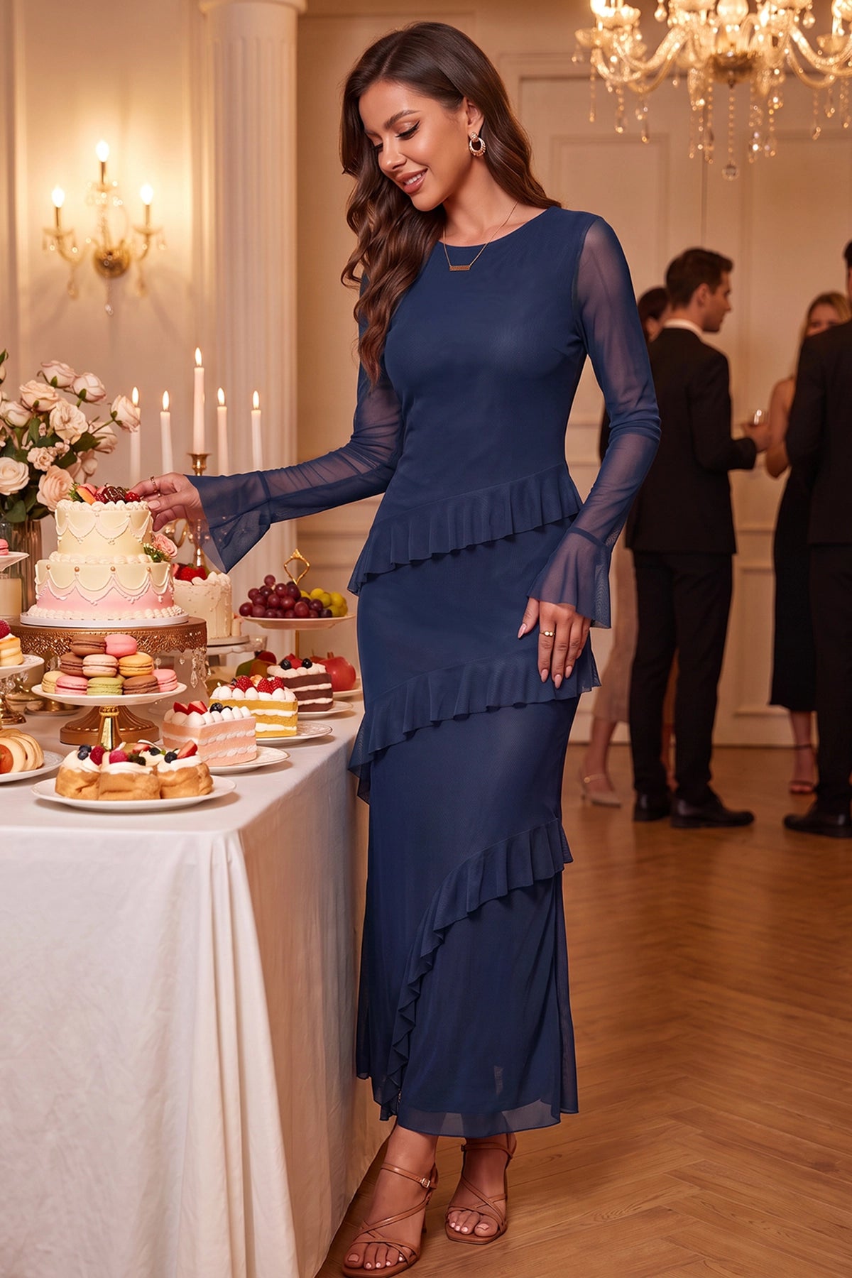 Wenrine Womens Navy Ruffle Maxi Dress