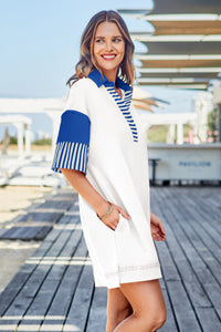 Wenrine Women's Blue Color Block Polo Sweatshirt Dress