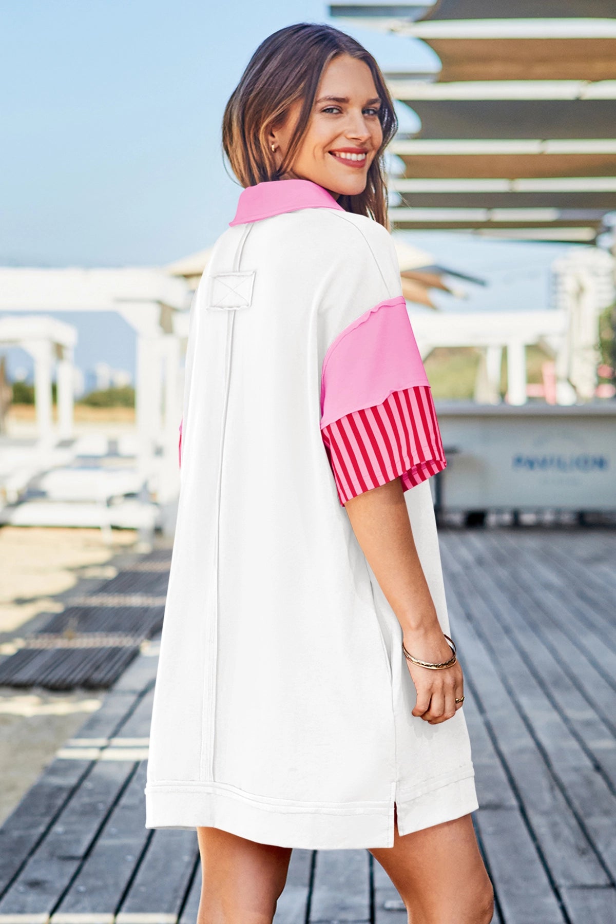 Wenrine Women's White Color Block Polo Sweatshirt Dress