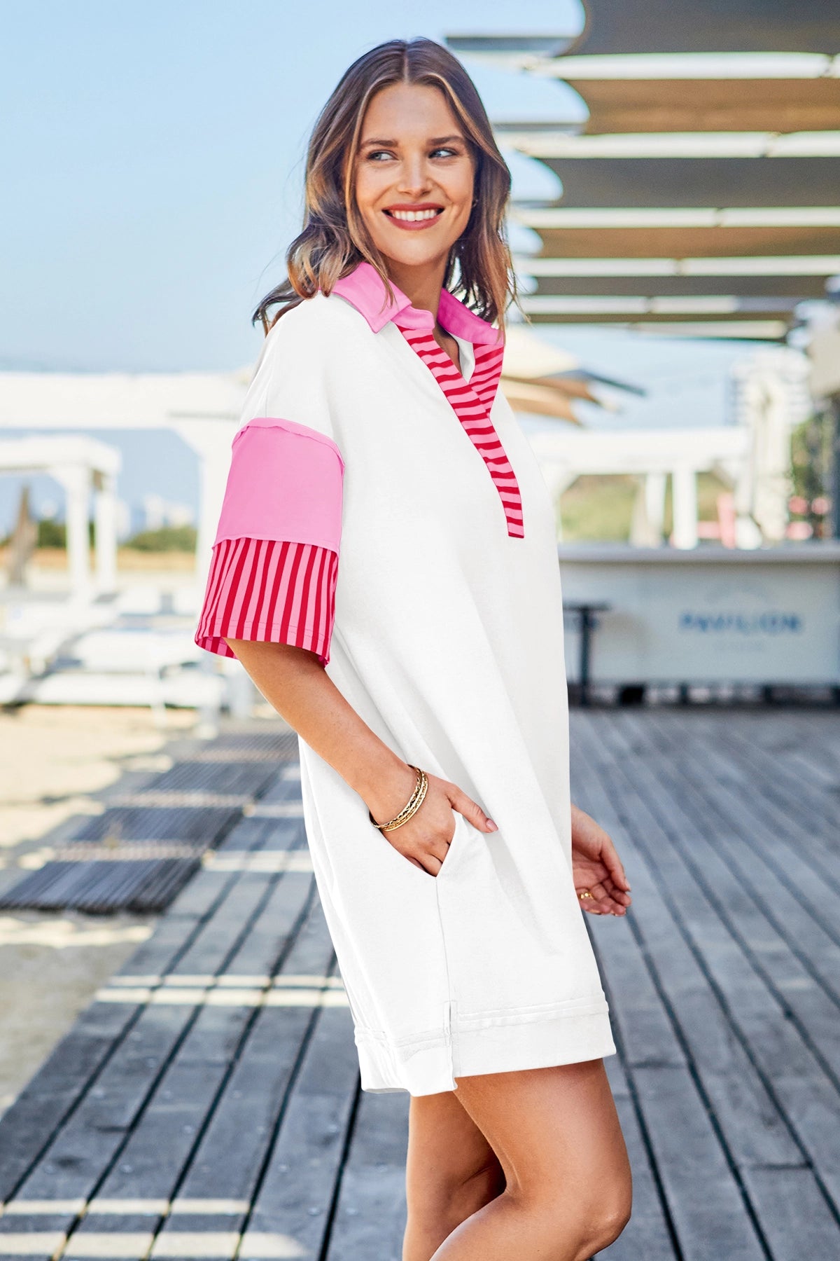 Wenrine Women's White Color Block Polo Sweatshirt Dress