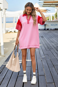 Wenrine Women's Pink Color Block Polo Sweatshirt Dress