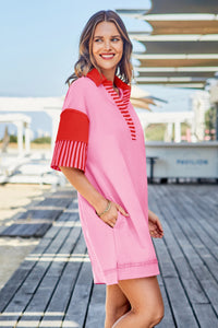 Wenrine Women's Pink Color Block Polo Sweatshirt Dress