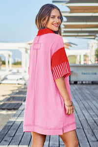 Wenrine Women's Pink Color Block Polo Sweatshirt Dress