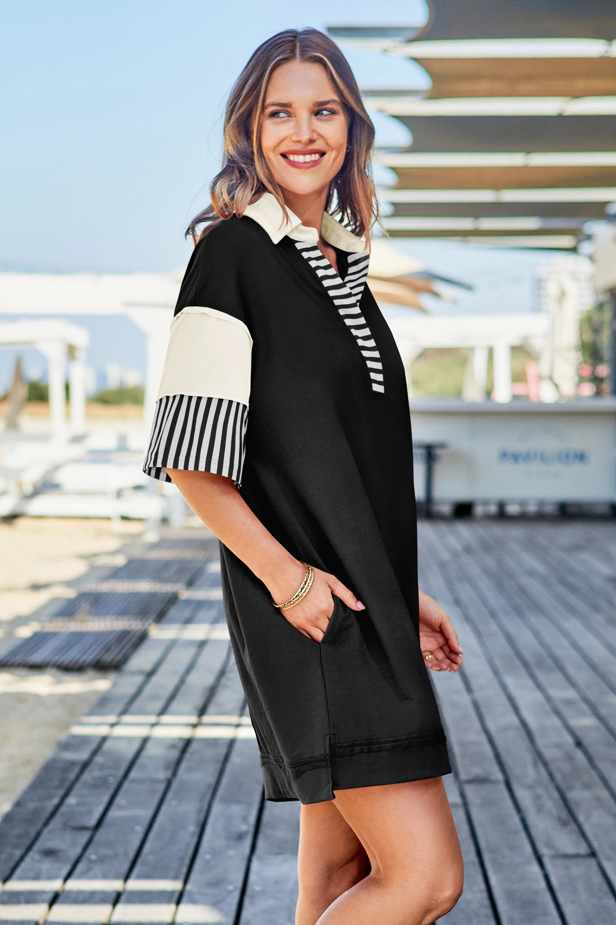 Wenrine Women's Black Color Block Polo Sweatshirt Dress